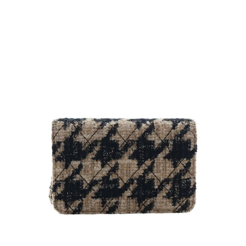 Chanel CC Houndstooth Tweed and Shearling Wallet On Chain Beige Tweed Very good - Back View