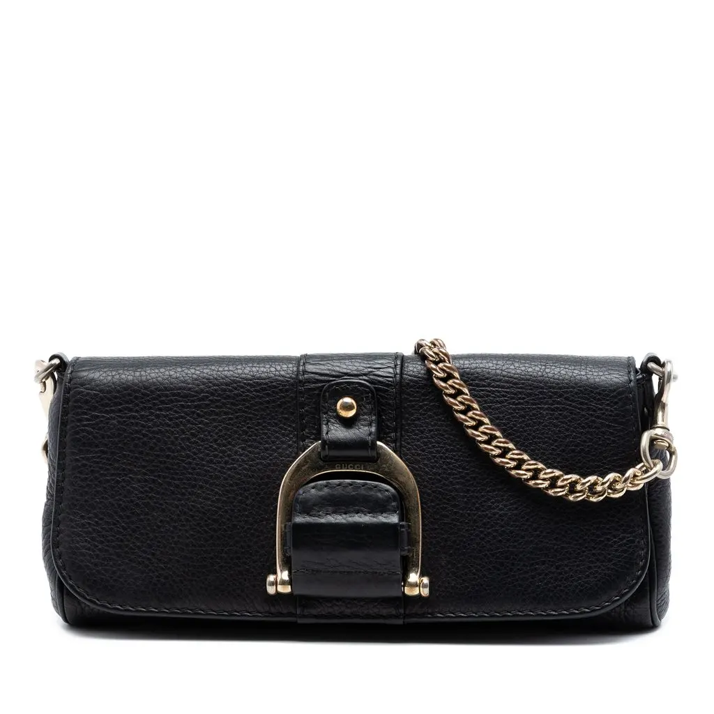 Gucci Pebbled Leather Greenwich Clutch with Chain Black Leather Very good - Front View