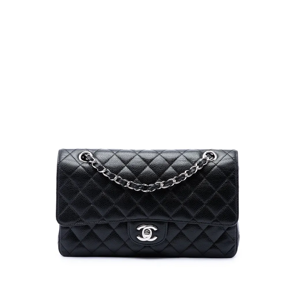 Chanel Medium Classic Caviar Double Flap Black Leather Very good - Front View