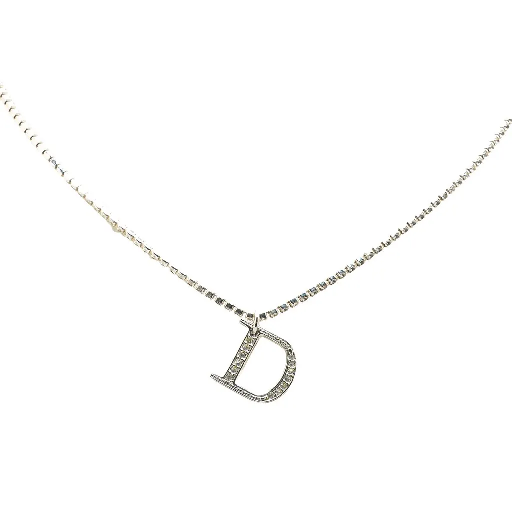 Dior Silver Double Chain Crystal D Logo Pendant Necklace Silver Silver Very good - Front View