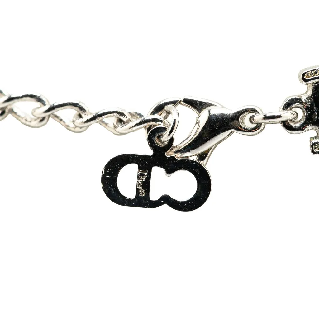 Dior Silver Double Chain Crystal D Logo Pendant Necklace Silver Silver Very good - Model View