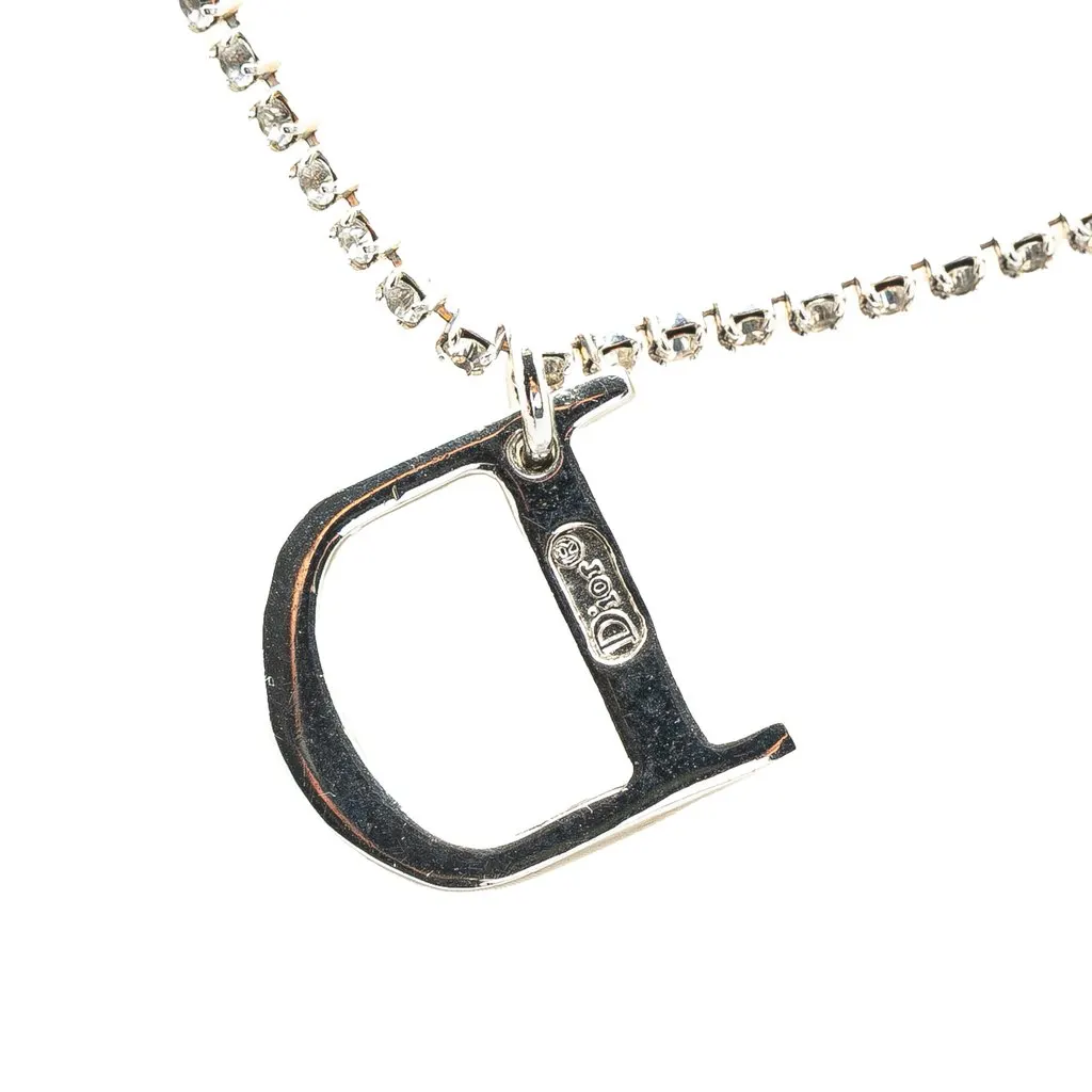 Dior Silver Double Chain Crystal D Logo Pendant Necklace Silver Silver Very good - Box View
