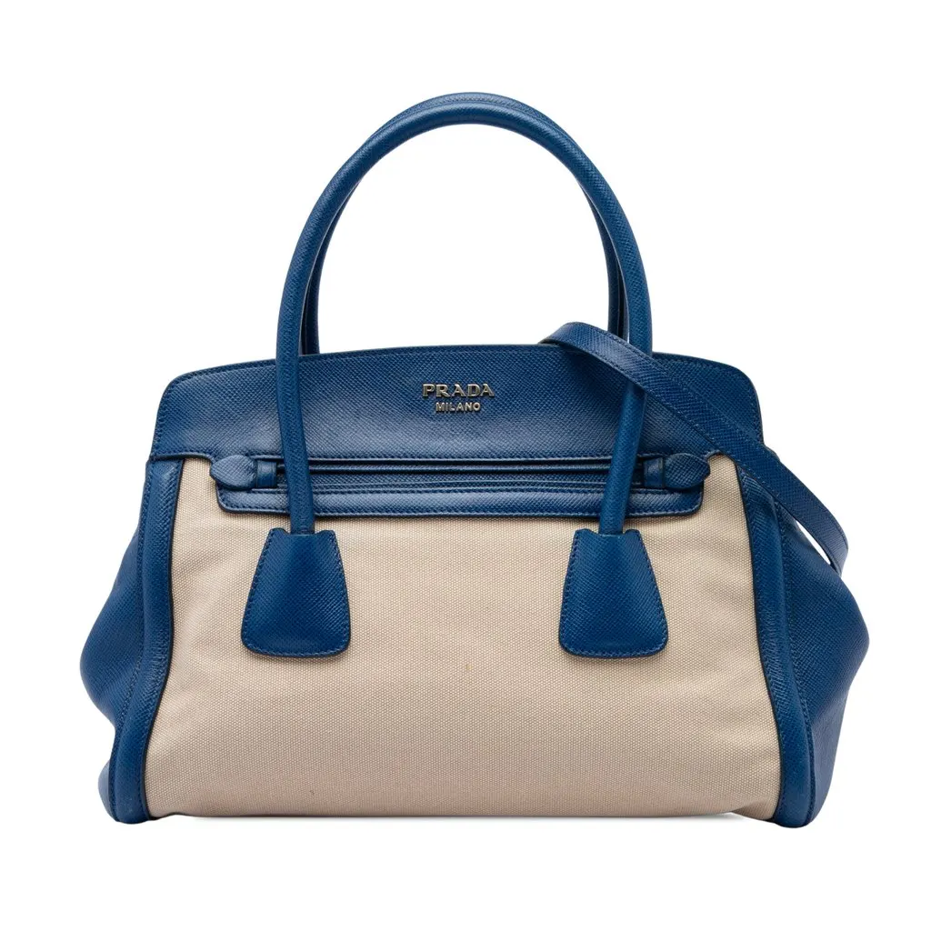 Prada Saffiano Cuir Trimmed Canapa Satchel Beige Canvas Very good - Front View