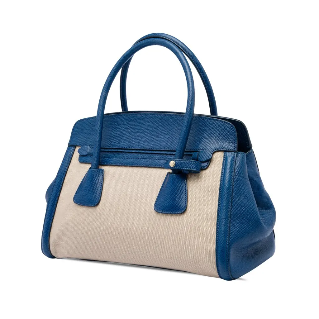 Prada Saffiano Cuir Trimmed Canapa Satchel Beige Canvas Very good - Back View