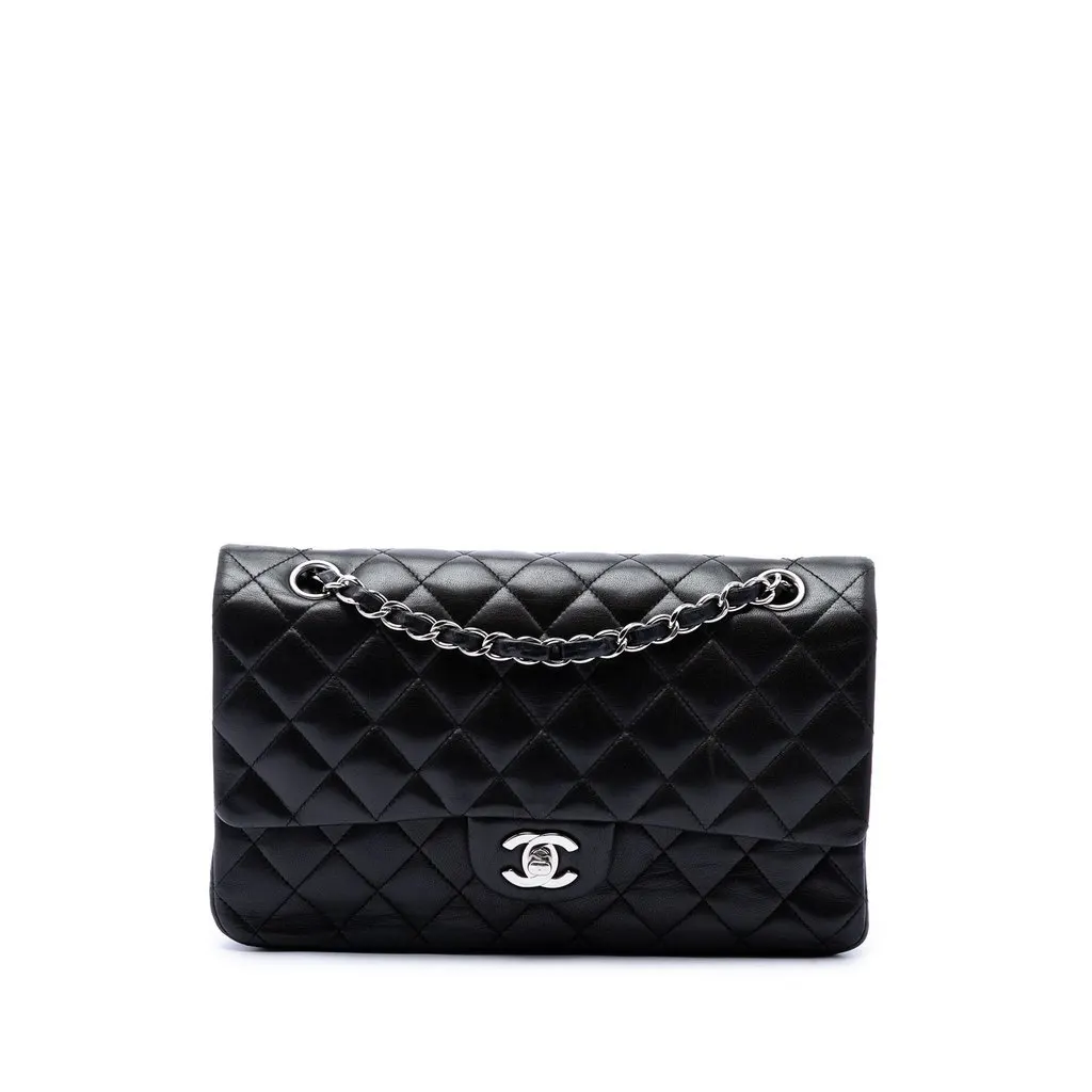 Chanel Medium Classic Lambskin Double Flap Black Leather Very good - Front View