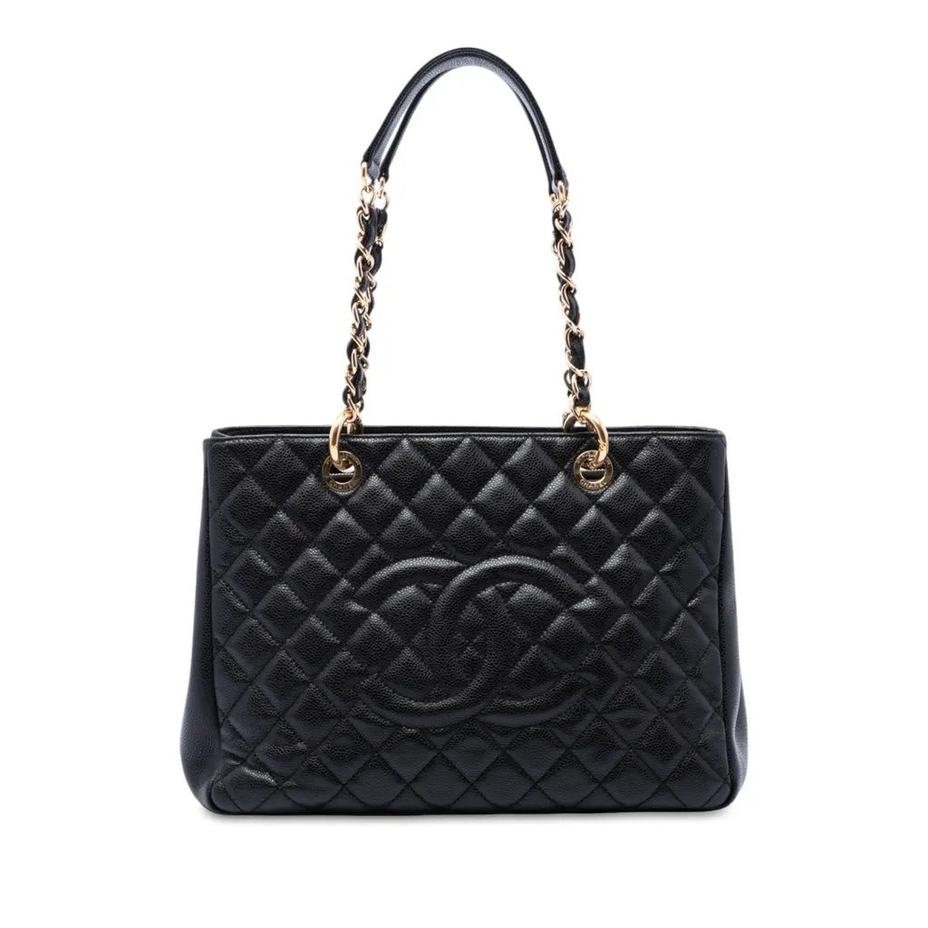 Chanel Caviar Grand Shopping Tote Black Leather Very good - Front View