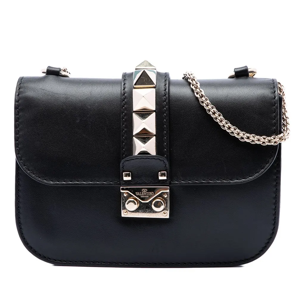 Valentino Small Leather Rockstud Glam Lock Crossbody Black Leather Very good - Front View