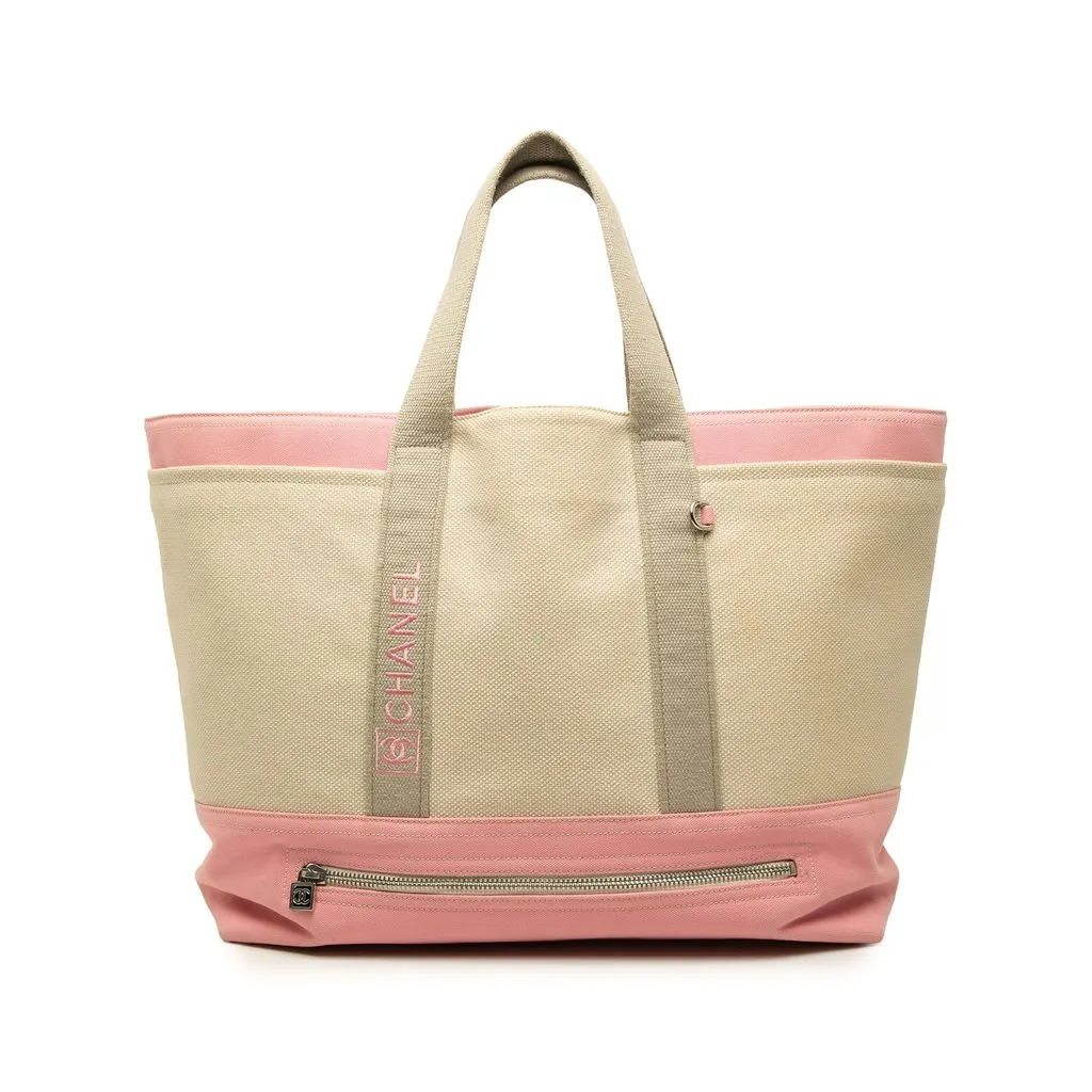 Chanel Large Bicolor Canvas Sports Ligne Tote Beige Canvas Good - Front View
