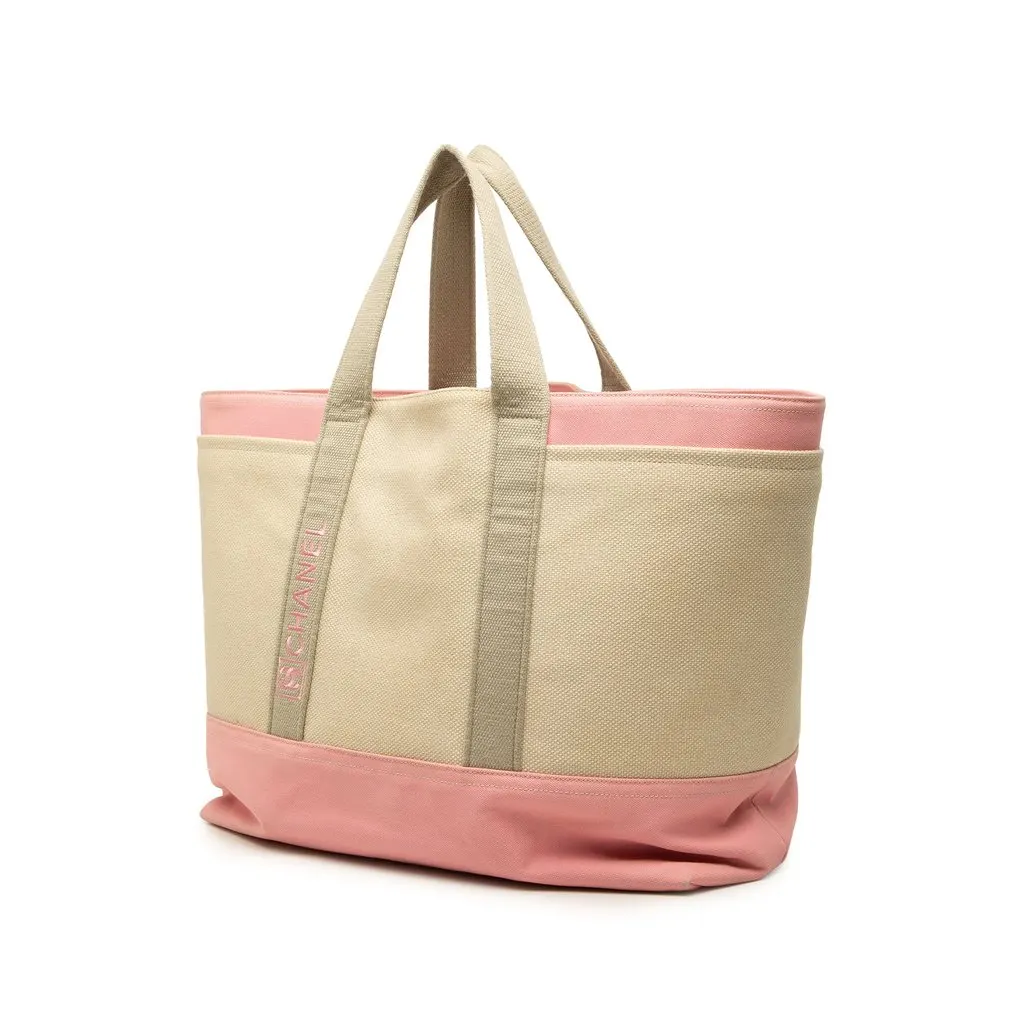 Chanel Large Bicolor Canvas Sports Ligne Tote Beige Canvas Good - Back View