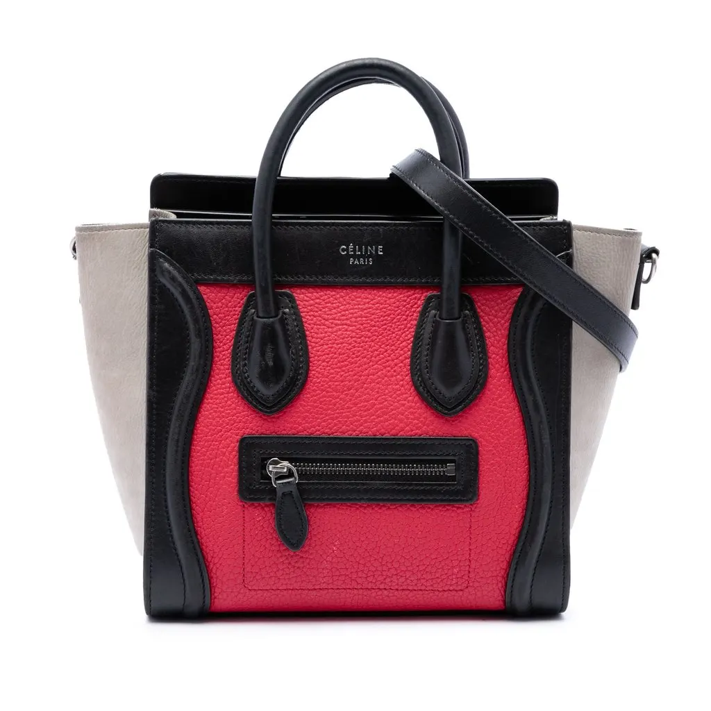Celine Nano Tricolor Nubuck and Calfskin Luggage Tote Red Leather Very good - Front View