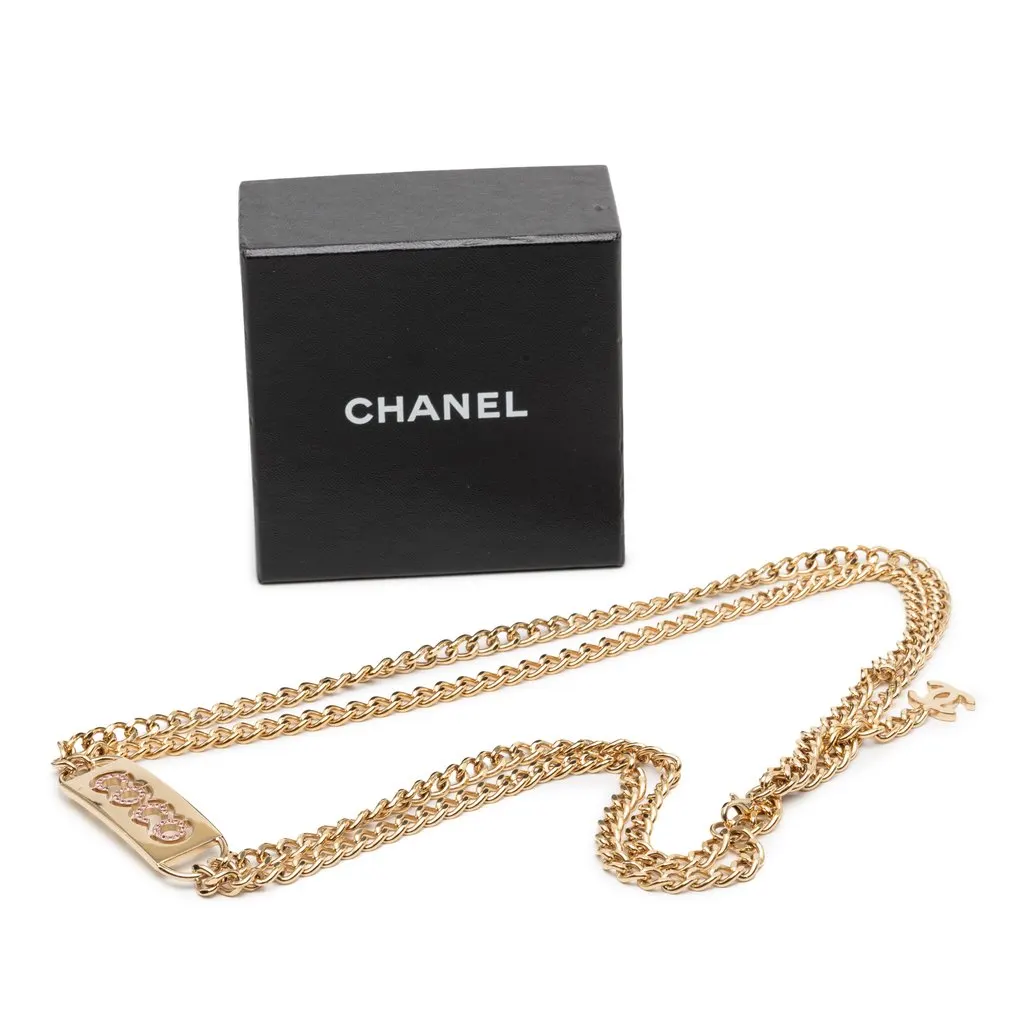 Chanel Gold Plated Strass Coco Plaque Double Chain Belt Gold Metal Very good - Box View
