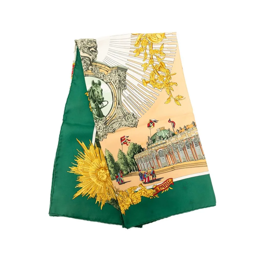 Hermès Sanssoucy Silk Scarf 90 Green Very good - Front View