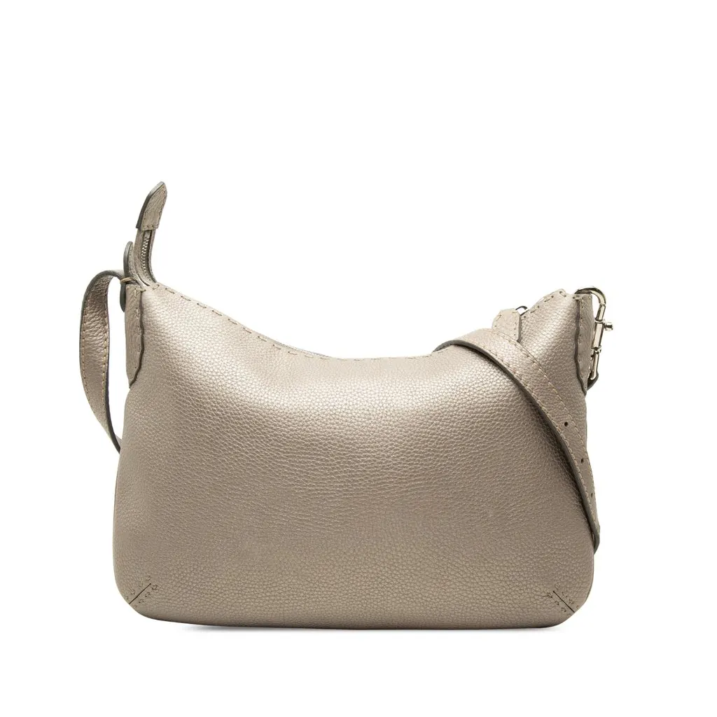 Fendi Medium Leather Selleria Crossbody Grey Leather Good - Front View