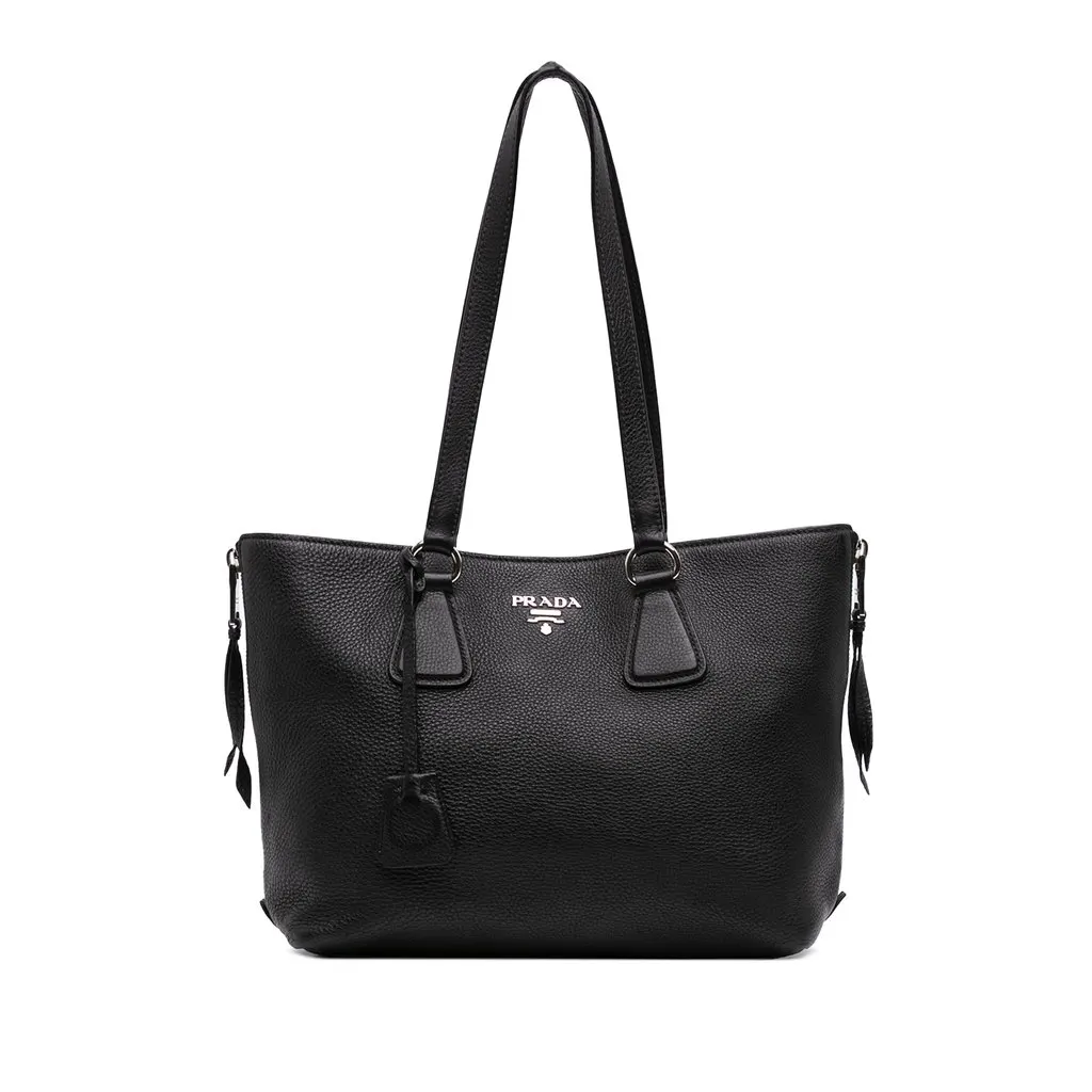 Prada Vitello Daino Side Zip Tote Black Leather Good - Front View