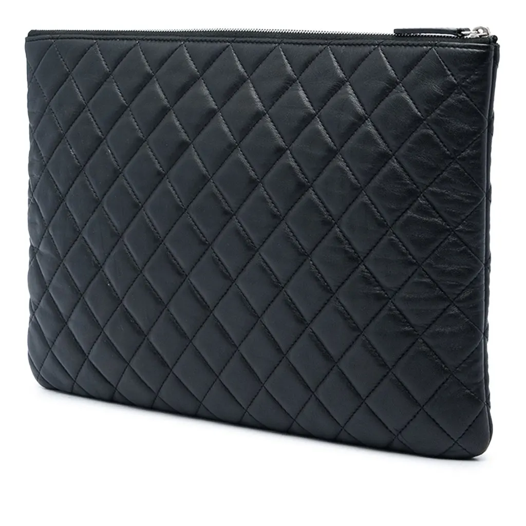 Chanel Large Quilted Lambskin O Case Clutch Black Leather Very good - Back View