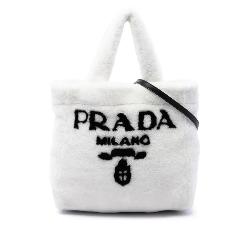 Prada Shearling Logo Tote White Shearling Very good - Front View