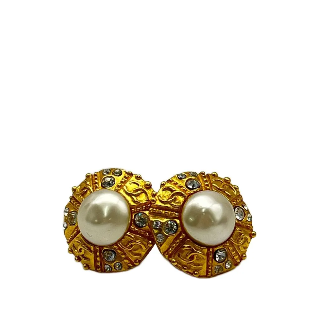 Chanel CC Gold Plated Faux Pearl and Strass Round Clip On Earrings