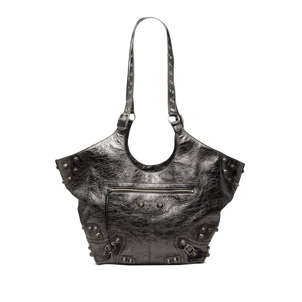 Balenciaga Medium Metallic Crinkled Lambskin Le Cagole Carry All Tote Black Leather Very good - Front View