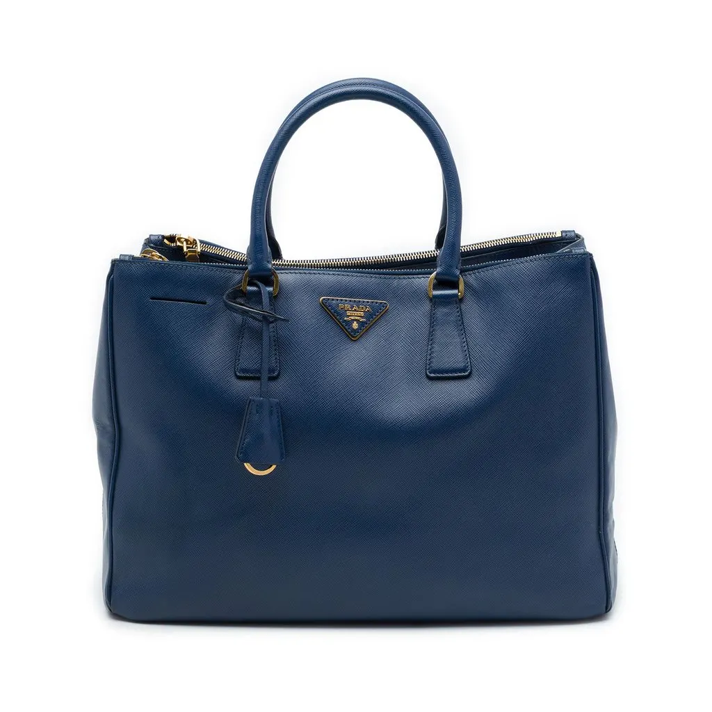 Prada Large Saffiano Lux Galleria Double Zip Tote Blue Leather Good - Front View