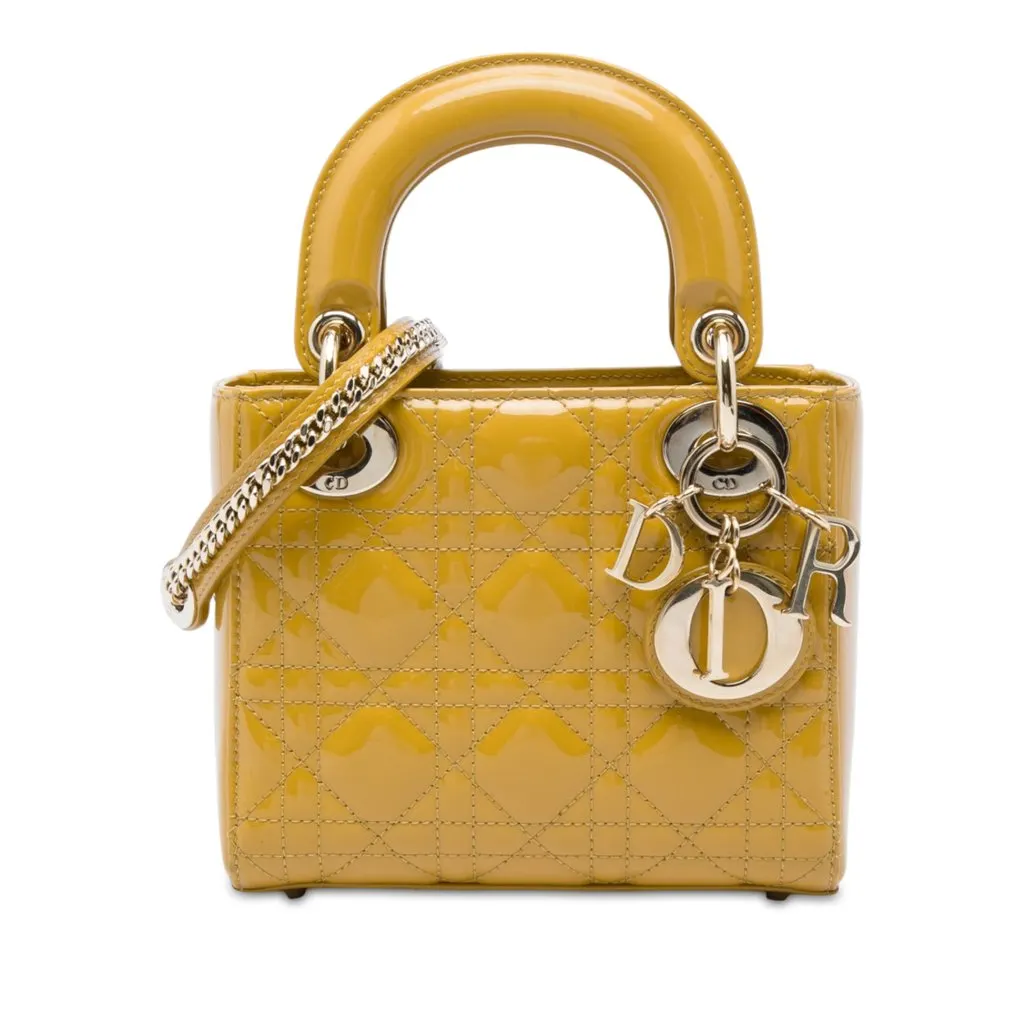 Dior Mini Patent Cannage Lady Dior Yellow Leather Very good - Front View