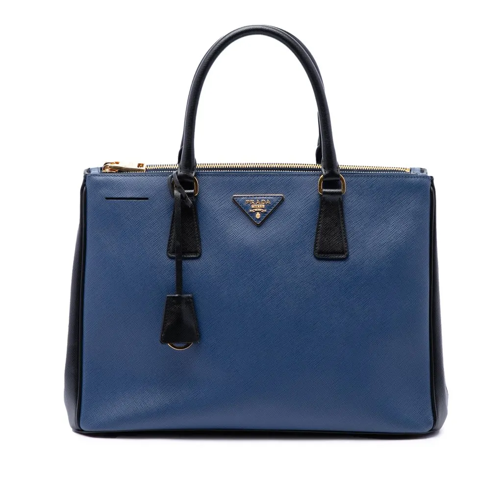 Prada Medium Bicolor Saffiano Lux Galleria Double Zip Satchel Blue Leather Good - Front View
