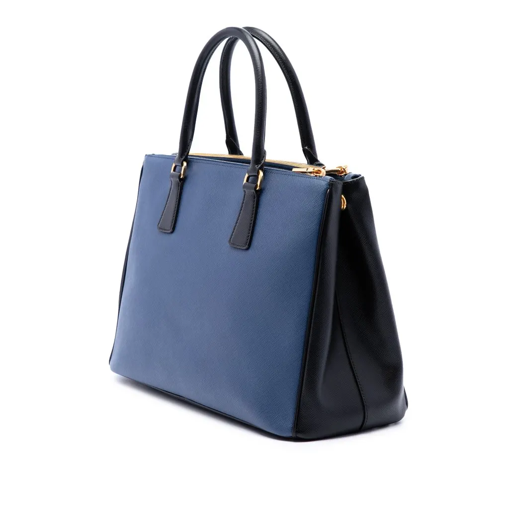Prada Medium Bicolor Saffiano Lux Galleria Double Zip Satchel Blue Leather Good - Back View