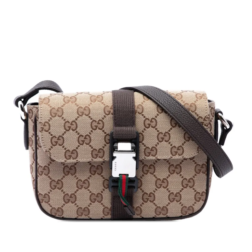 Gucci GG Canvas Web Buckle Flap Crossbody Beige Very good - Front View