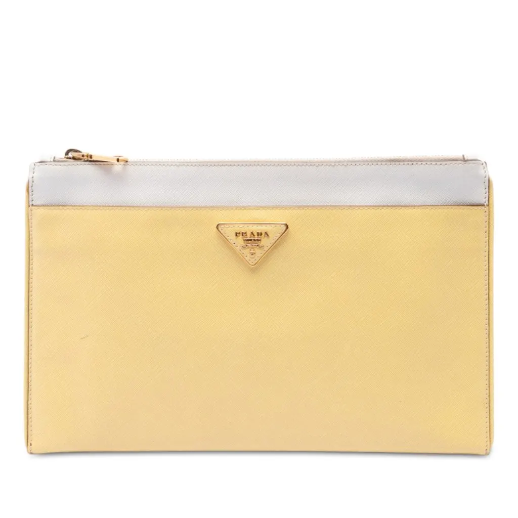 Prada Bicolor Saffiano Lux Clutch Yellow Leather Very good - Front View
