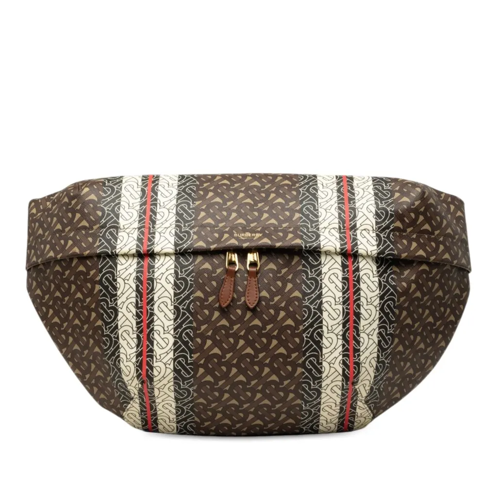 Burberry Extra Large TB Monogram E-Canvas Stripe Belt Bag Brown Very good - Front View