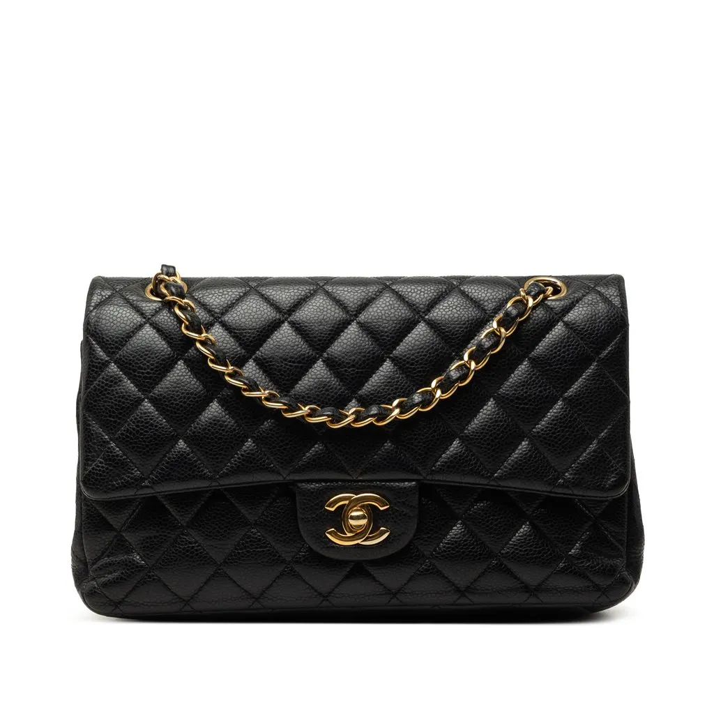 Chanel Medium Classic Caviar Double Flap Black Leather Very good - Front View
