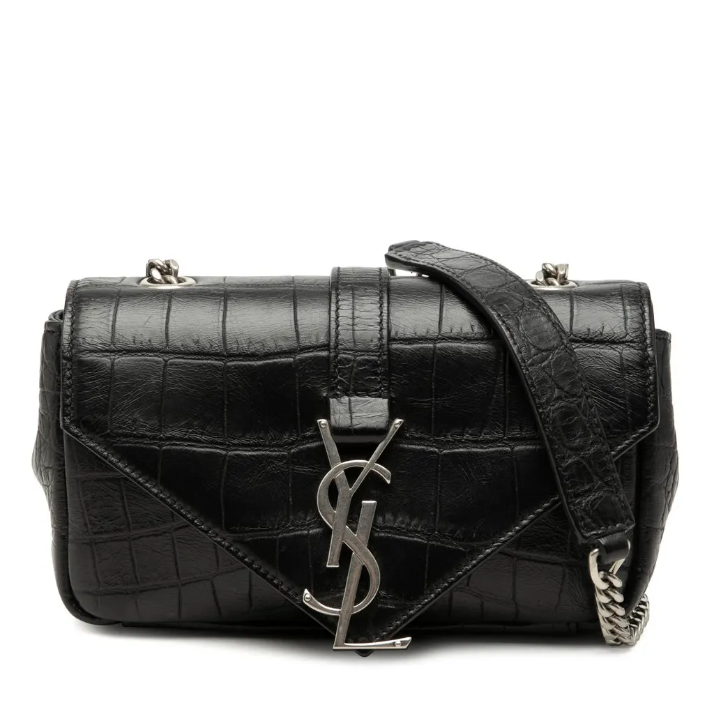 Saint Laurent Baby Croc Embossed Calfskin Classic Monogram Chain Bag Black Leather Very good - Front View