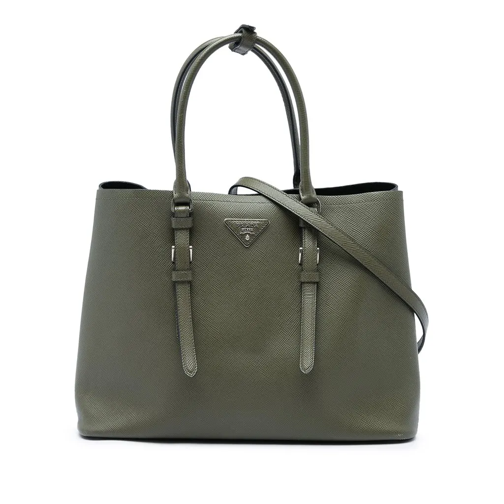 Prada Large Saffiano Cuir Double Handle Satchel Green Leather Very good - Front View