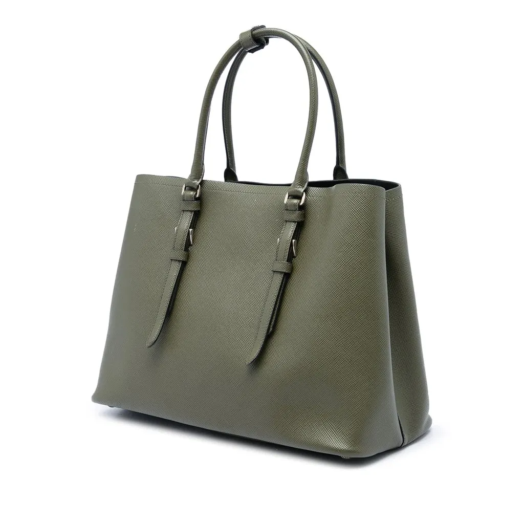 Prada Large Saffiano Cuir Double Handle Satchel Green Leather Very good - Back View