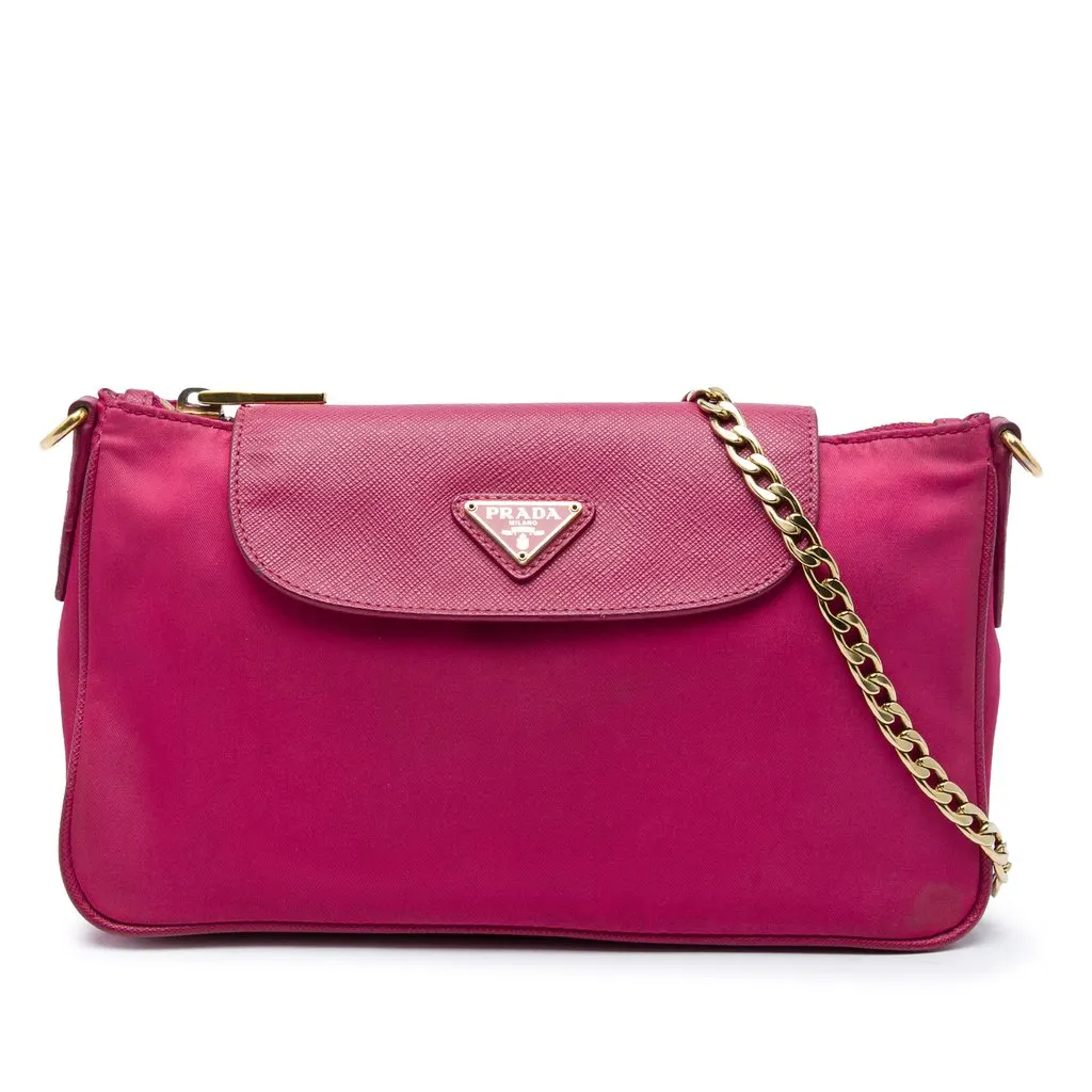 Prada Saffiano Trimmed Tessuto Chain Crossbody Pink Polyamide Very good - Front View