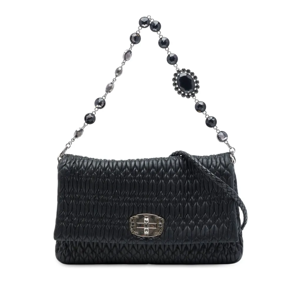 Miu Miu Matelasse Nappa Crystal Chain Satchel Black Leather Very good - Front View
