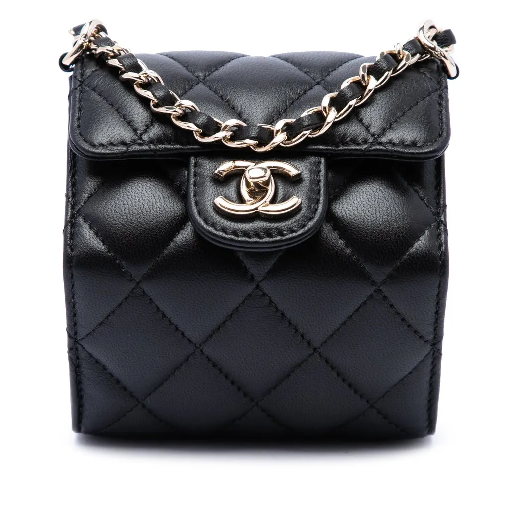 Chanel CC Quilted Lambskin Foldable Jewelry Box with Chain Black Leather Very good - Front View