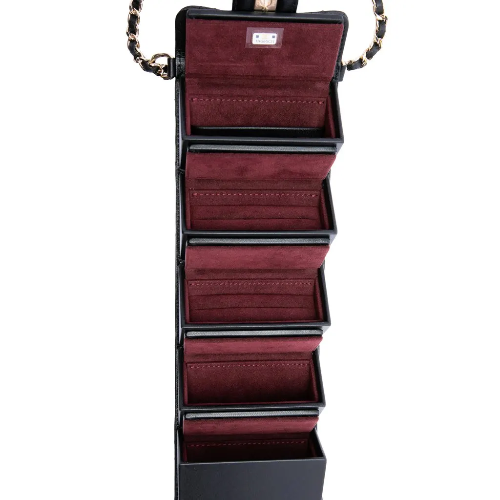 Chanel CC Quilted Lambskin Foldable Jewelry Box with Chain Black Leather Very good - Model View