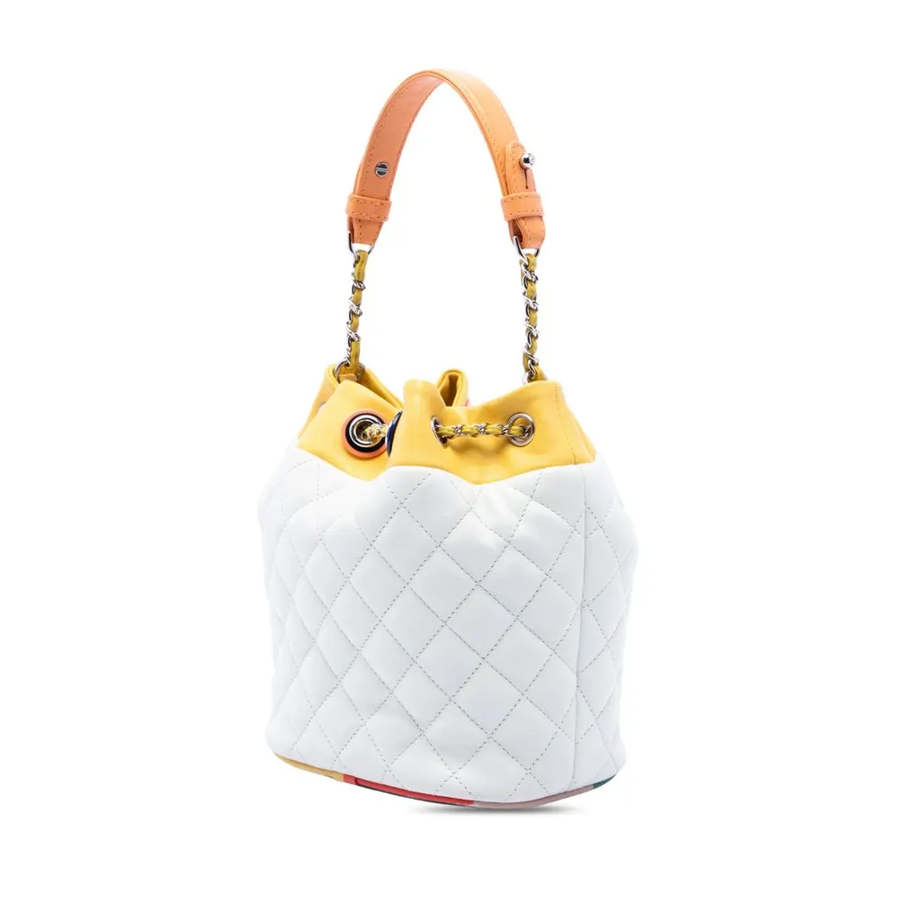 Chanel Paris Cuba CC Quilted Lambskin Chain Bucket Bag White Leather Very good - Back View