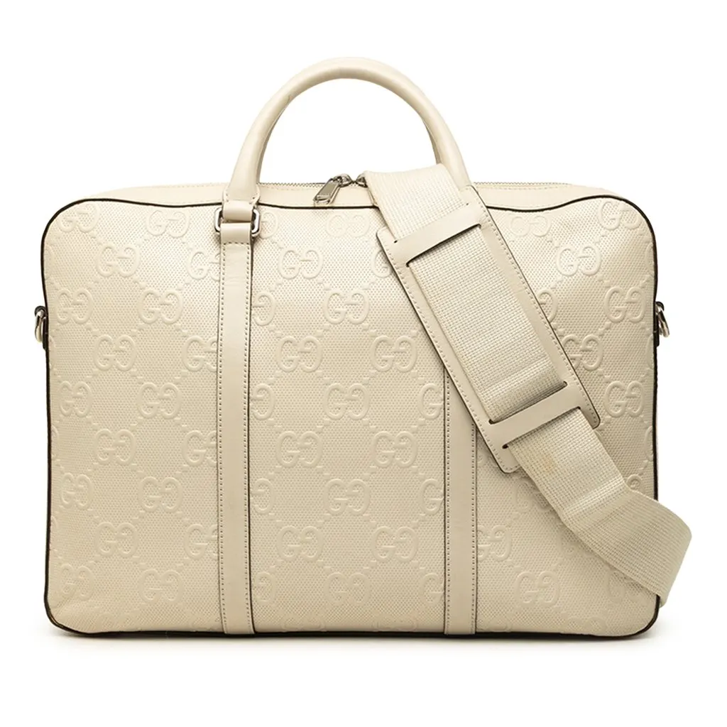 Gucci GG Embossed Perforated Calfskin Business Bag White Leather Good - Front View