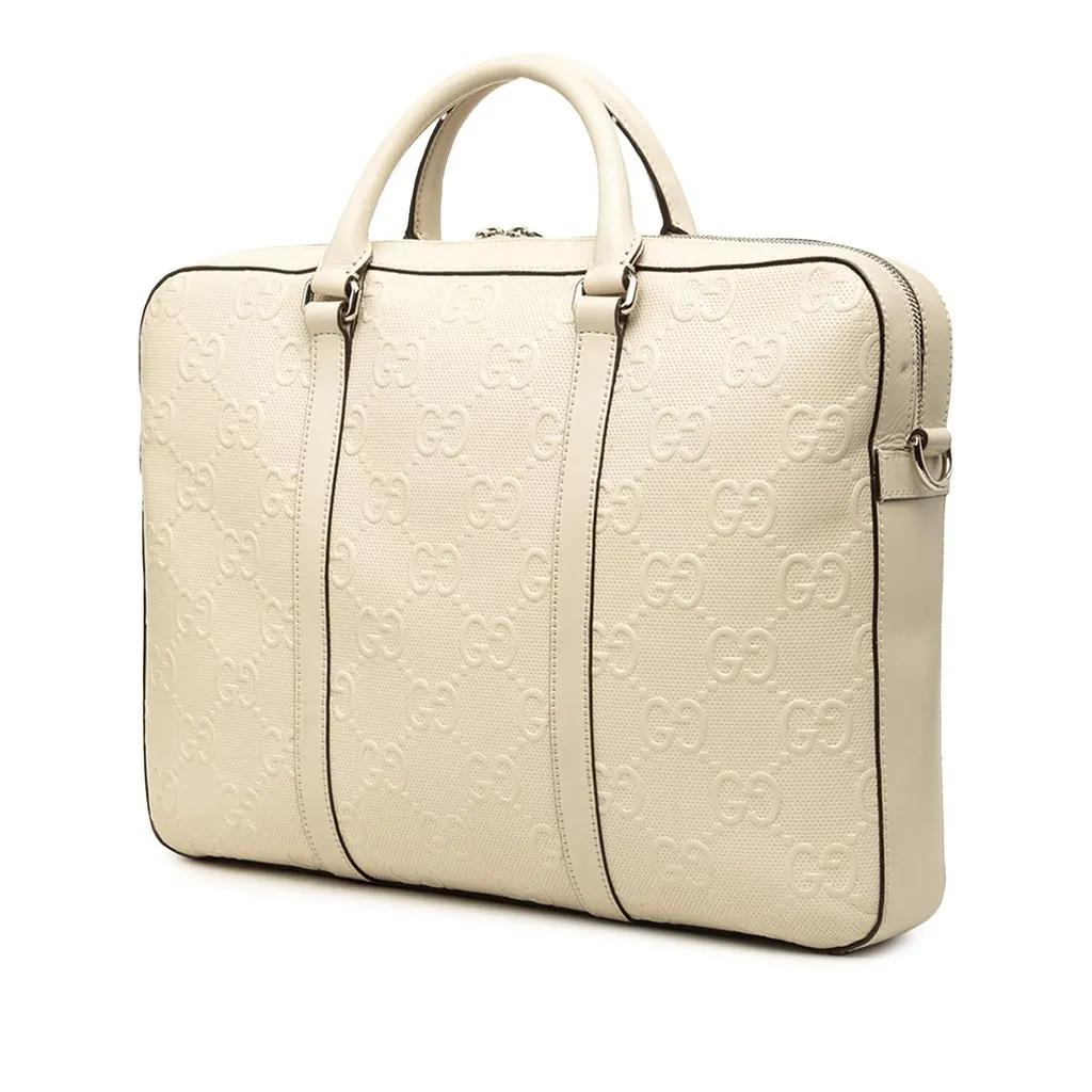 Gucci GG Embossed Perforated Calfskin Business Bag White Leather Good - Back View