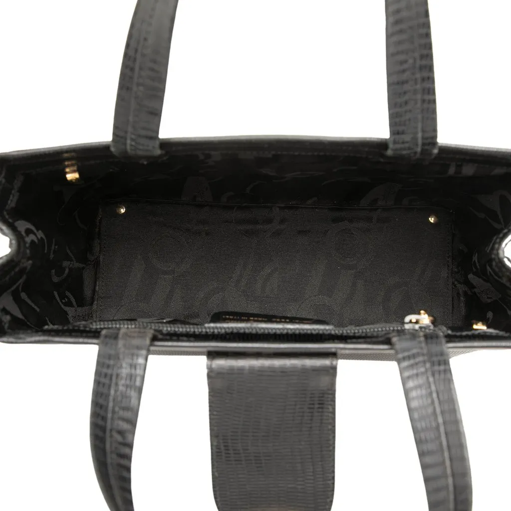 Salvatore Ferragamo Lizard Embossed Leather Satchel Black Leather Good - Model View