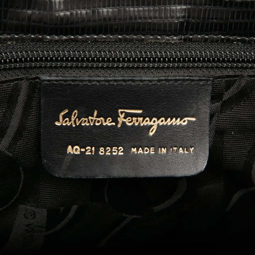 Salvatore Ferragamo Lizard Embossed Leather Satchel Black Leather Good - Box View