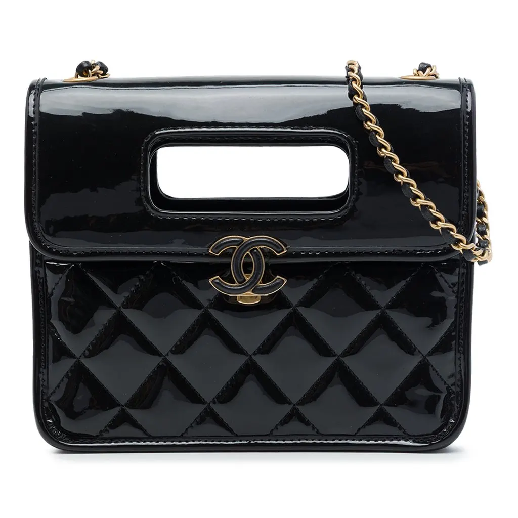 Chanel Mini Quilted Patent Graphic Catch Flap Black Leather Good - Front View