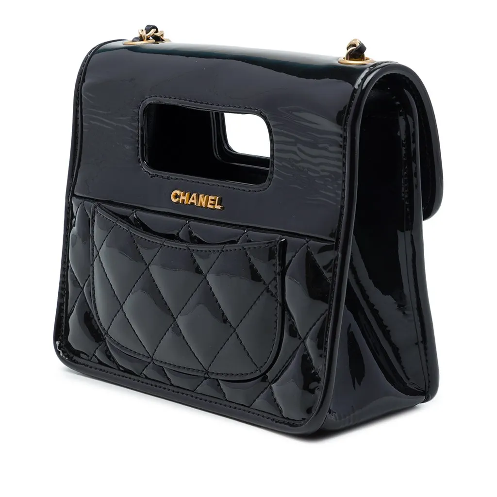 Chanel Mini Quilted Patent Graphic Catch Flap Black Leather Good - Back View