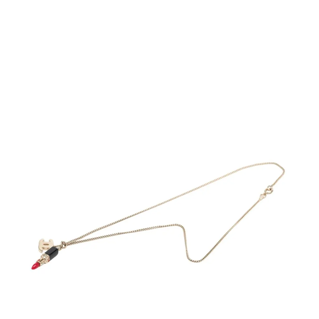 Chanel CC Gold Plated Strass Resin Lipstick Pendant Necklace Gold Metal Very good - Front View