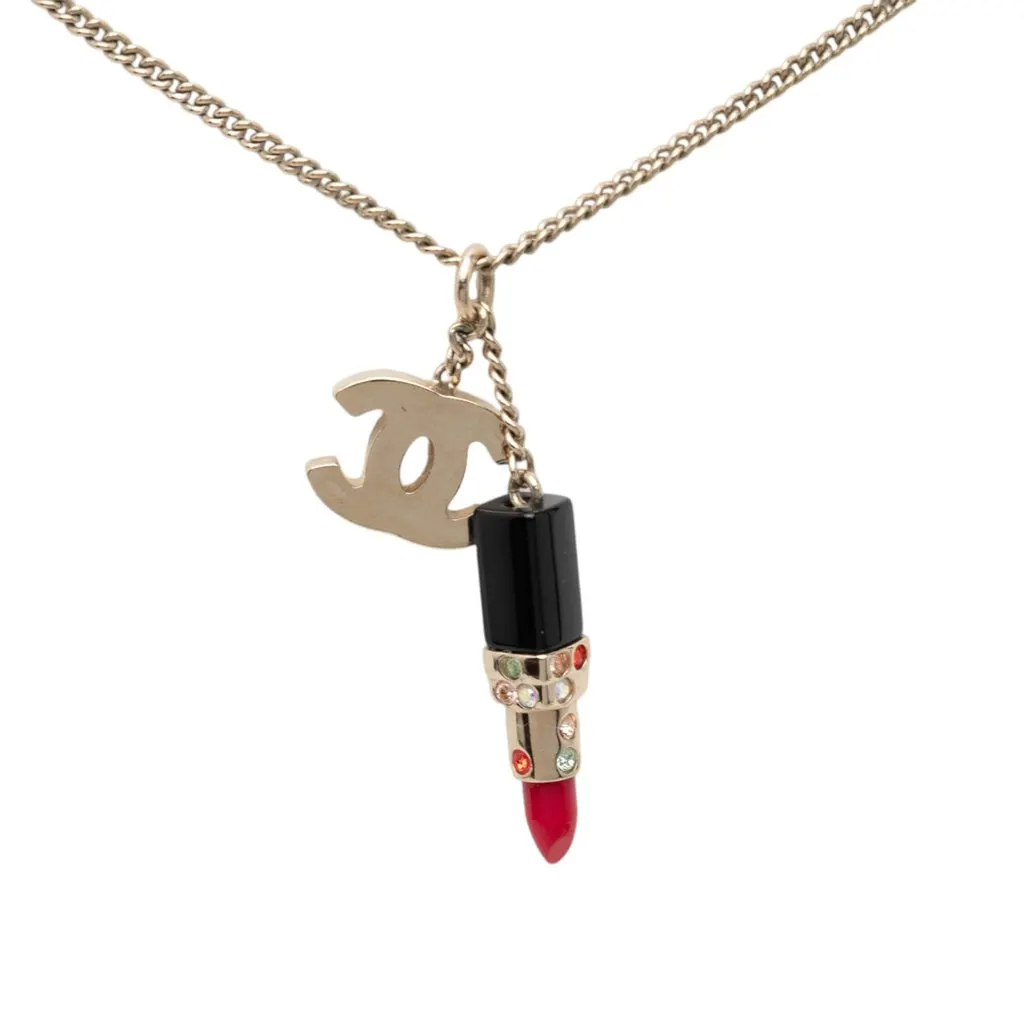 Chanel CC Gold Plated Strass Resin Lipstick Pendant Necklace Gold Metal Very good - Back View