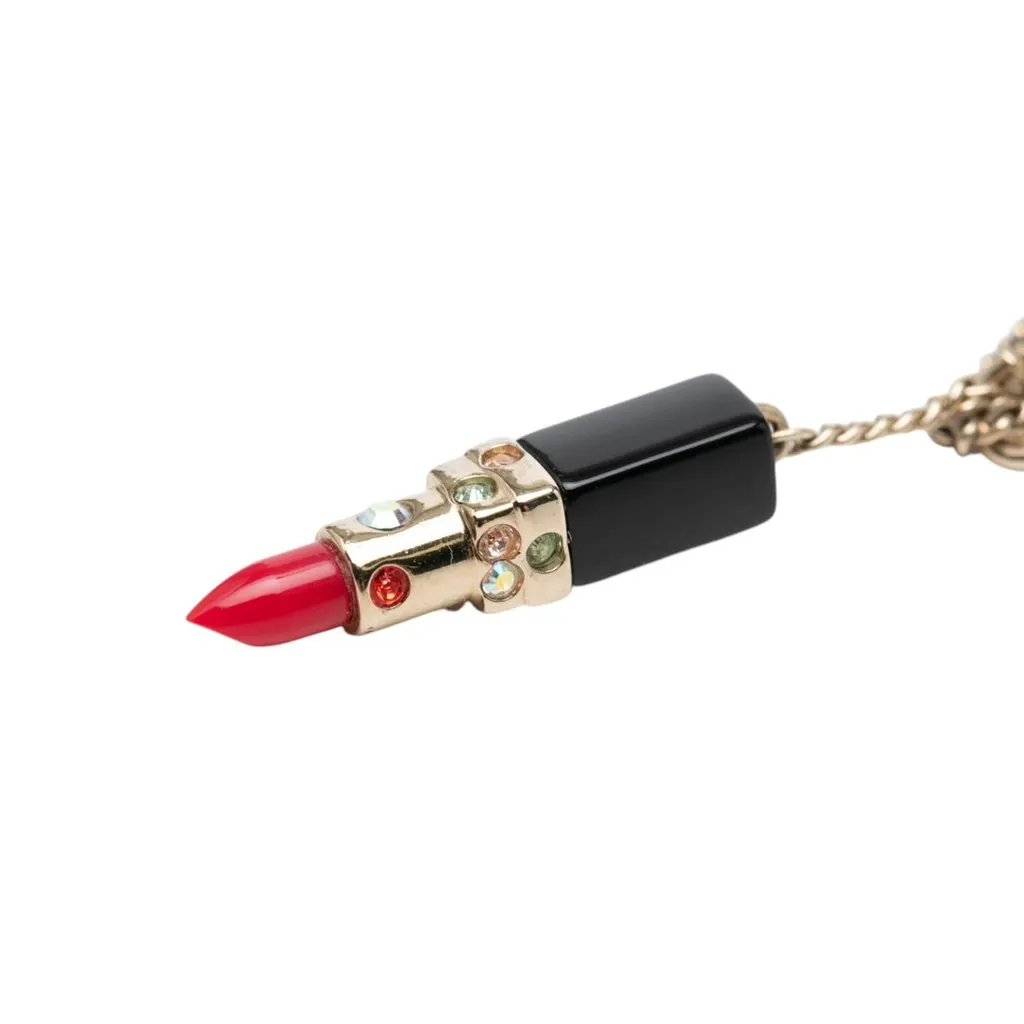 Chanel CC Gold Plated Strass Resin Lipstick Pendant Necklace Gold Metal Very good - Model View