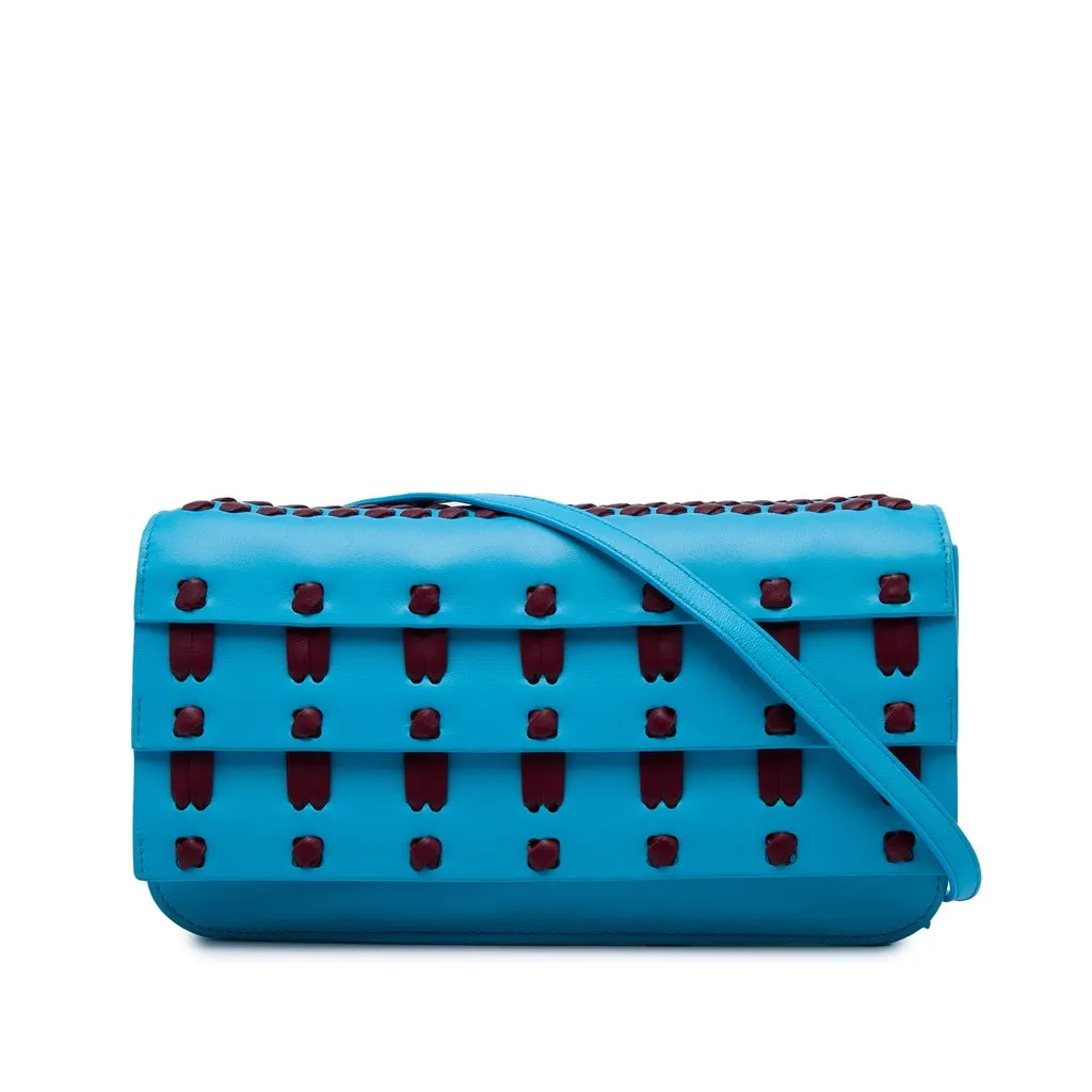 Bottega Veneta Lambskin Whipstitch Flap Crossbody Blue Leather Very good - Front View