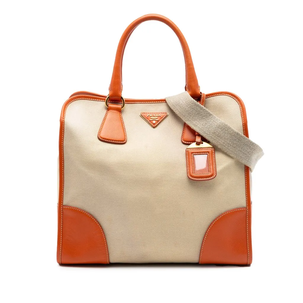Prada Saffiano Trimmed Canvas Canapa Satchel Beige Very good - Front View