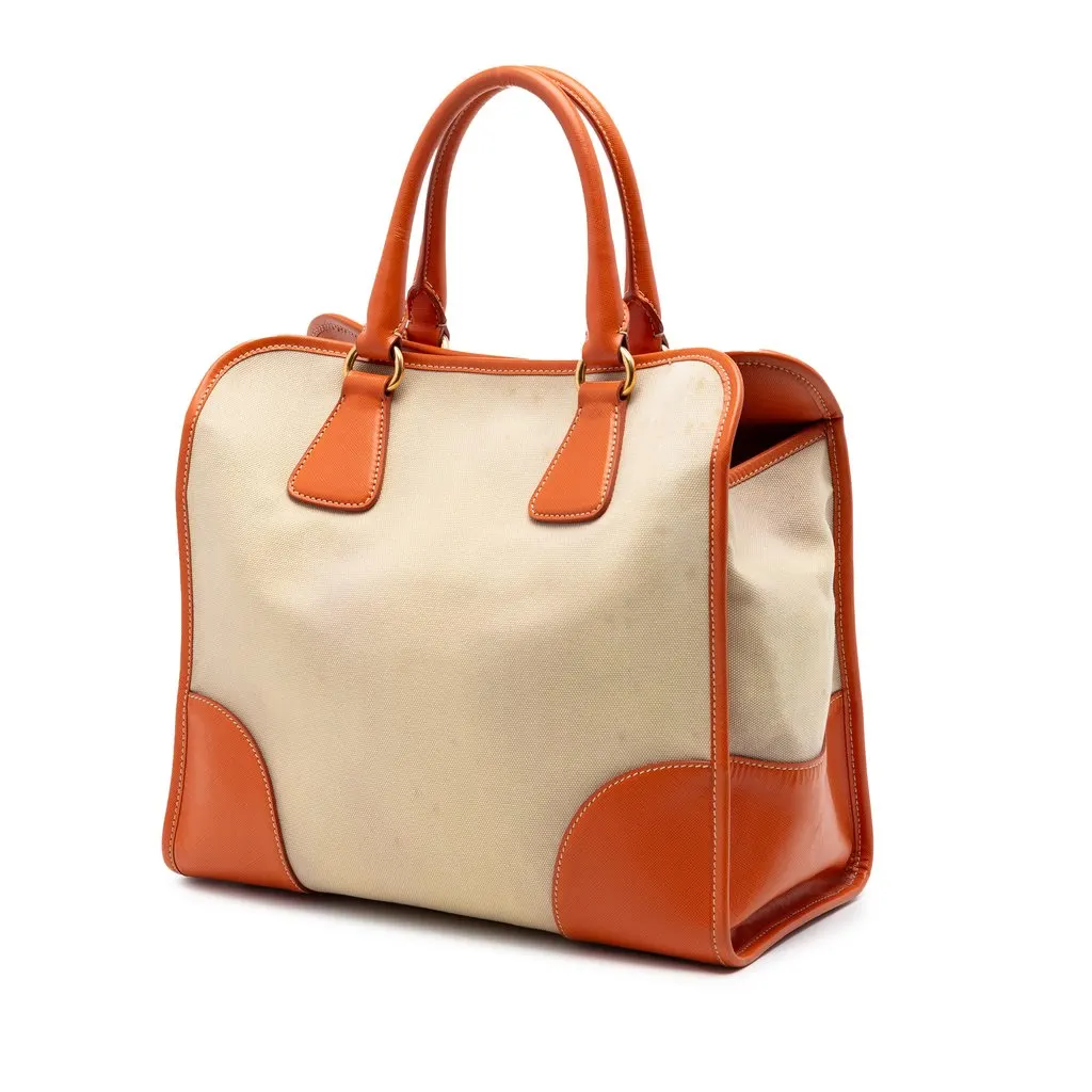 Prada Saffiano Trimmed Canvas Canapa Satchel Beige Very good - Back View